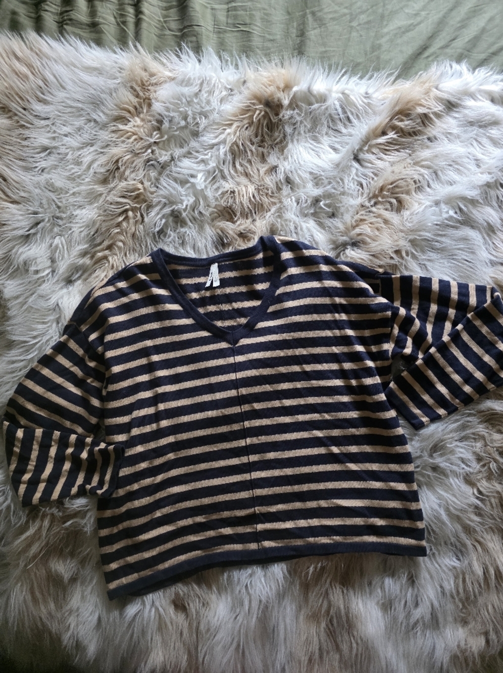 Pact Striped V-Neck Long Sleeve Top in Navy and Beige